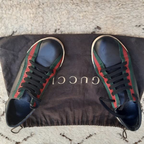GUCCI green red ribbon soft Leather black shoes sneakers made in Italy Size 37 G, Gucci shoes, Original Gucci sneakers Gift, Authentic gucci