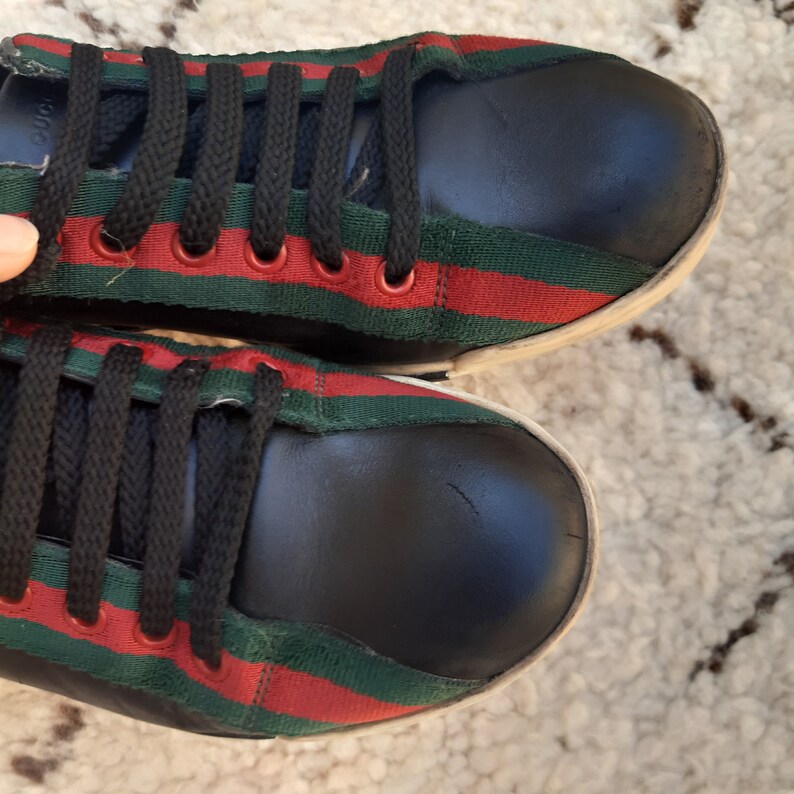 GUCCI Green Red Ribbon Soft Leather Black Shoes Sneakers Made - Etsy UK