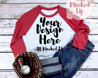 Download Free Next Level 6051 Adult Raglan Vintage Red Sleeve T-shirt Tshirt Mock Up MockUp Image - Flat Lay Image - Baseball Theme 9/18 PSD Template