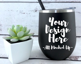 Download Stainless Steel Wine Glass with Straw and Lid - Matte Black - Mock Up MockUp Image - Flat Lay ...
