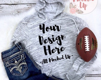 Download Free Bella Canvas 3719 Light Grey Marble Hooded Sweatshirt T-shirt Mock Up MockUp Image - Flat Lay Flatlay - Football Theme 9/18 PSD Template