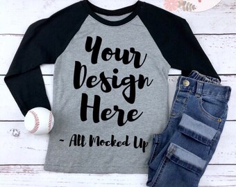 Download Free Next Level 3352 Youth Raglan Black / Grey T-shirt Tshirt Mock Up MockUp Image - Flat Lay Image - Baseball Theme 8/18 PSD Template