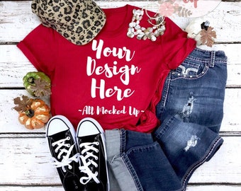 Download Free Bella Canvas Unisex 3413 Red Triblend T-shirt Mock Up MockUp Image - Flat Lay Flatlay - Fall Harvest Theme - 9/18 PSD Template