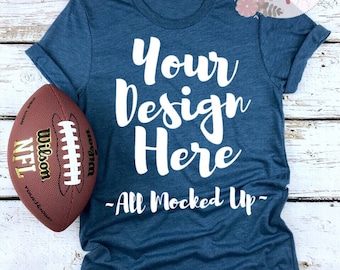 Download Free Bella Canvas Unisex 3413 Steel Blue T-shirt Mock Up MockUp Image - Flat lay - Flatlay - Football Theme 8/18 PSD Template