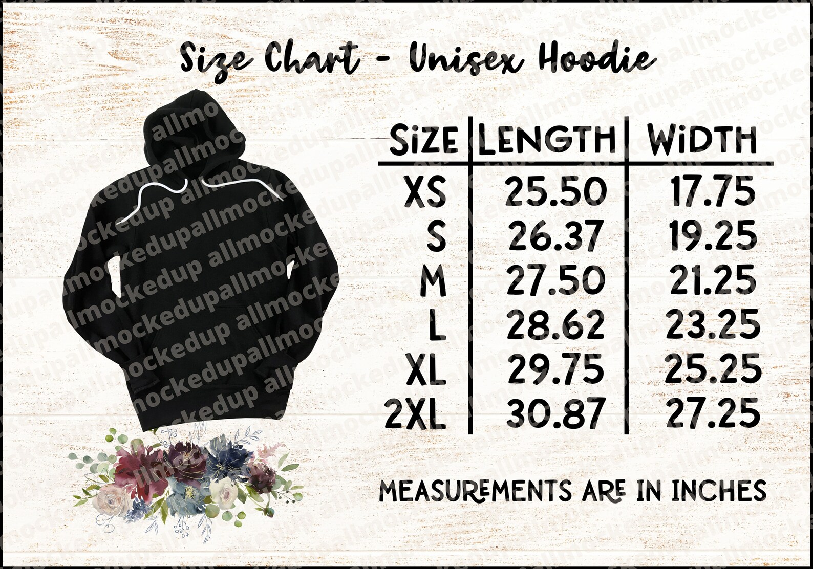 Bella Canvas Unisex 3719 Size Chart Hooded Sweatshirt Size | Etsy