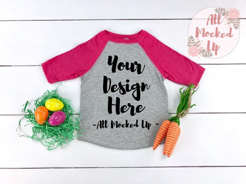 Toddler Size Rabbit Skins 3330 Raglan Easter Theme Mock Up 219 Vintage Heather /& Pink T-shirt Tshirt Mock Up MockUp Image