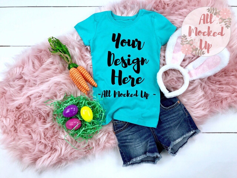 Next Level 3710 Girls Youth Tahiti Blue T-shirt Tshirt Mock Up MockUp Image 319 Easter Theme Mock Up Flatlay Flat Lay Image