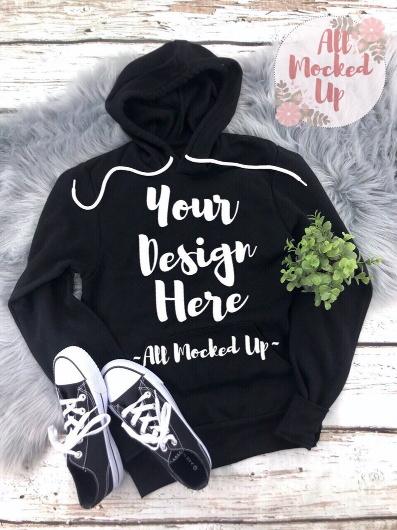 Download Bella Canvas 3719 Black Hooded Sweatshirt Hoodie Mock Up ...