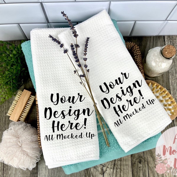 TWO Waffle Weave Hand Towel MockUp Image - Flat Lay Flatlay - Bathroom Mock Up - Sublimation Mock UP - Bathroom Hand Towel - 1/22