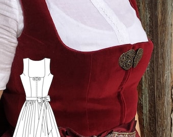 Peut inclure: Une robe traditionnelle allemande en velours rouge avec un chemisier blanc et un bouton doré. La robe est ornée d'un ruban noir et or noué autour de la taille. Le texte "DIRNDL Tina" est visible dans le coin supérieur droit de l'image.