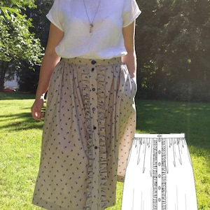 以下が含まれることがあります： 花柄のベージュのスカートで、フリルが付いています。スカートはフロントがボタン留めで、膝丈です。スカートは公園の背景でモデルが着用しています。画像には「Landrock mit Rüschen」というテキストが表示されています。