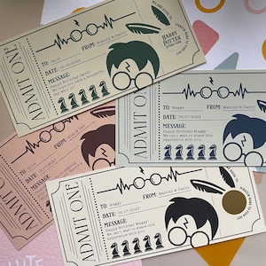 May include: Four colorful ticket-style cards with a Harry Potter Studio Tour theme. Each card has a different name, date, and message. The cards are decorated with a Harry Potter character, a lightning bolt, and chess pieces.