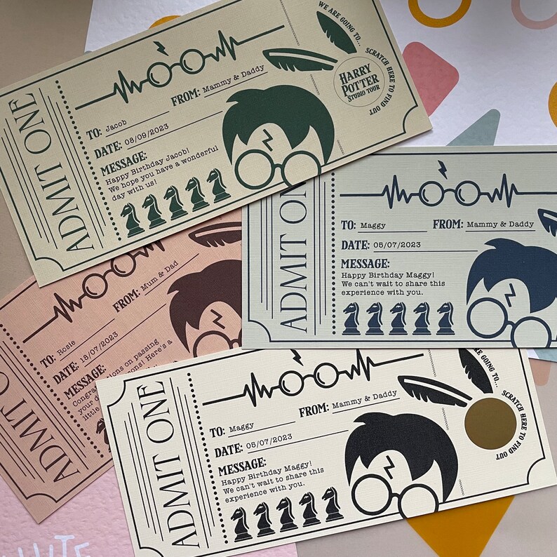 May include: Four colorful ticket-style cards with a Harry Potter Studio Tour theme. Each card has a different name, date, and message. The cards are decorated with a Harry Potter character, a lightning bolt, and chess pieces.