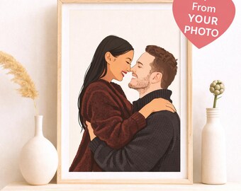 Custom Couple Portrait Digital Download Minimalist Valentines Day Gift Personalized Romantic Illustration from Photo Printable Wall Art PDF