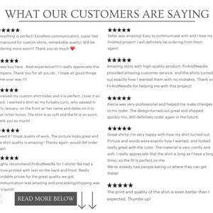 May include: A screenshot of a website with customer reviews for a custom shirt company. The reviews are all positive and highlight the company's excellent communication, fast turnaround times, high-quality products, and great customer service. The company's name is FirAndNeedle.