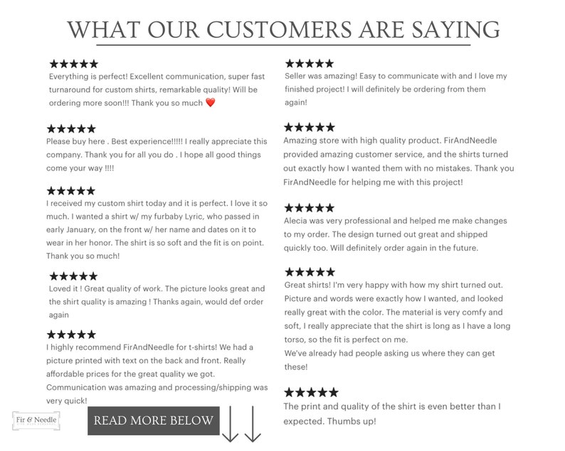 May include: A screenshot of a website with customer reviews for a custom shirt company. The reviews are all positive and highlight the company's excellent communication, fast turnaround times, high-quality products, and great customer service. The company's name is FirAndNeedle.