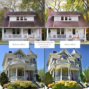 May include: Before and after image showing a house with a porch and columns. The before image shows a standard photo, while the after image shows the same house with a painting effect applied.
