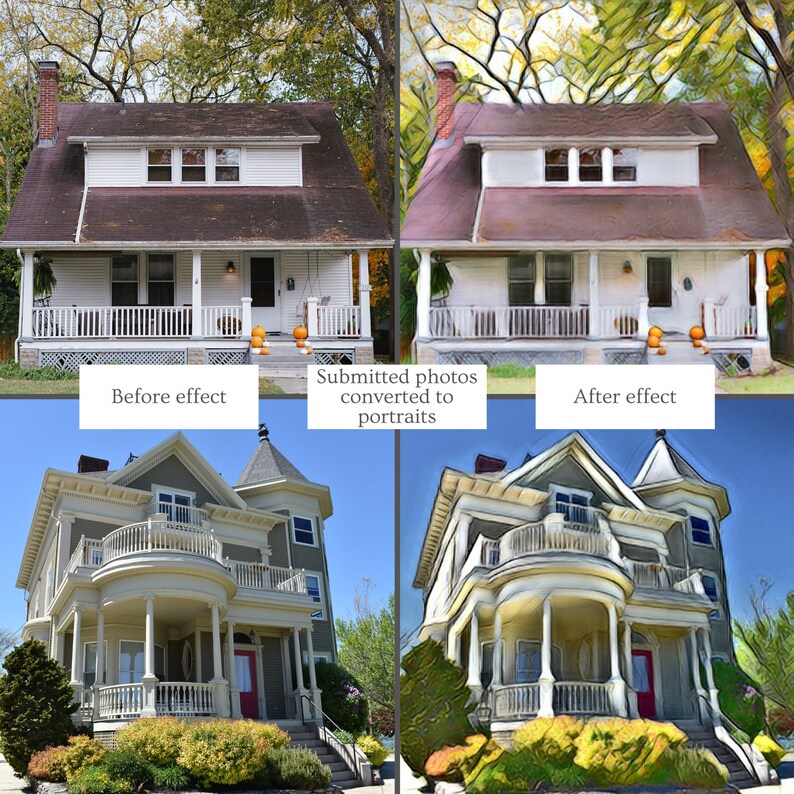 May include: Before and after image showing a house with a porch and columns. The before image shows a standard photo, while the after image shows the same house with a painting effect applied.