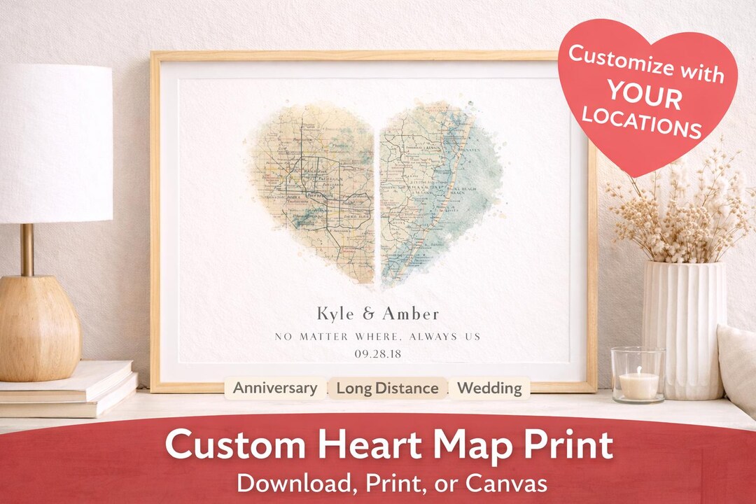 Custom Heart Map Custom Heart Map Print Digital Download Personalized Long Distance ...