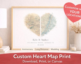 Custom Heart Map Print Digital Download Personalized Long Distance Couple Gift Vintage Map Wall Art Valentine Anniversary From Photo PDF Art