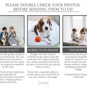 May include: Informative graphic with text advising on photo quality, subject framing, and cropping for optimal printing. Includes examples of good photo composition with a dog and a person with a dog. The text also mentions the importance of original photos.