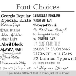 May include: A list of 24 font choices in various styles, from classic to modern, displayed on a white background. The text "Font Choices" is at the top. Below, each font is numbered and named, with examples of each style.