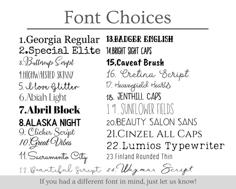 May include: A list of 24 font choices in various styles, from classic to modern, displayed on a white background. The text "Font Choices" is at the top. Below, each font is numbered and named, with examples of each style.