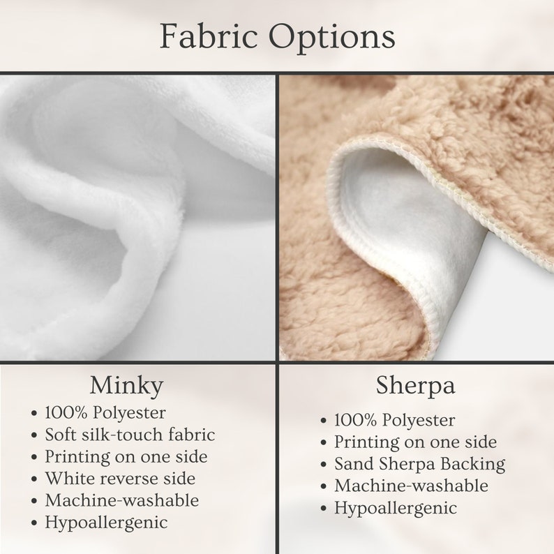 May include: Image showcasing fabric options: Minky and Sherpa. Minky is a white, soft, silk-touch fabric made of 100% polyester, with a white reverse side. Sherpa is a sand-colored fabric with a sand Sherpa backing, also 100% polyester. Both are machine-washable and hypoallergenic.
