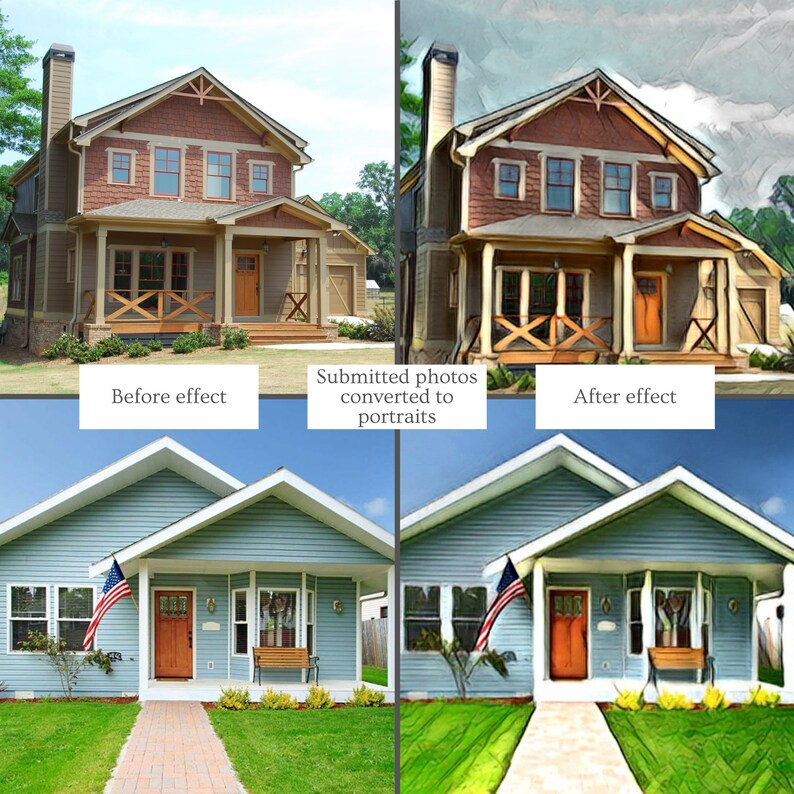 May include: Before and after photos of two houses. The first photo shows a brown house with a white porch and a wooden railing. The second photo shows the same house with a watercolor effect. The third photo shows a blue house with a white porch and a wooden railing. The fourth photo shows the same house with a watercolor effect.