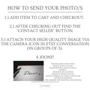 Pu&ograve; includere: Istruzioni su come inviare foto per un ordine Etsy. Il testo include passaggi come l'aggiunta di un articolo al carrello, la ricerca del pulsante "Contatta il venditore" e l'allegato di un'immagine di alta qualit&agrave;. &Egrave; inclusa un'immagine di esempio di una lettera.