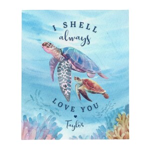 May include: Watercolor illustration of two sea turtles swimming in a blue ocean with coral. The text "I SHELL always LOVE YOU Taylor" is written in cursive. The turtles have blue, purple, and brown shells.