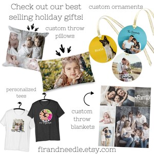 May include: A collage of images showcasing personalised gifts, including custom throw pillows, blankets, ornaments, and t-shirts. The images feature family photos, pet portraits, and text like "The Diamonds" and "#1 Mom".