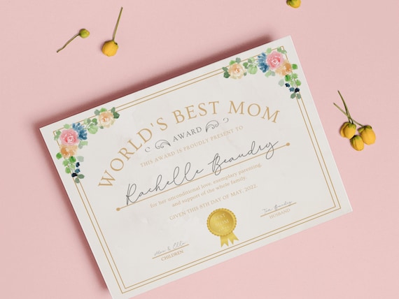 Mother's Day Gift, Printable Best Mom in the World certificate, personalized unique last minute present gift idea for, World's best Mom