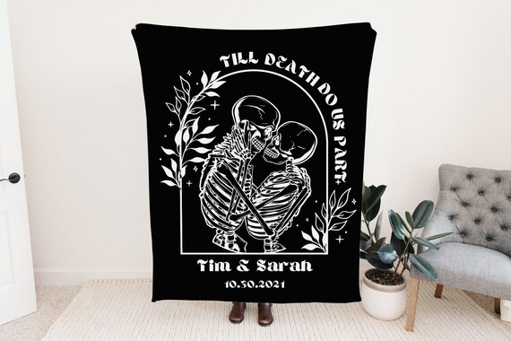 Personalisiertes Paar-Decke „Bis Der Tod Uns Scheidet“ – Gothic-Design Mit Skeletten, Wählbare Größe