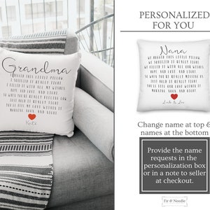 May include: A personalised pillow with a white background and black text. The text reads "Grandma I hugged this little pillow I squeezed it really tight I filled it with all my wishes hope, and love, and light So when you're really feeling low Just hold it really tight You'll feel my love within it Morning, noon, and night" with a red heart and the name "Kate" below. The pillow is on a grey sofa with a white and grey striped throw blanket.