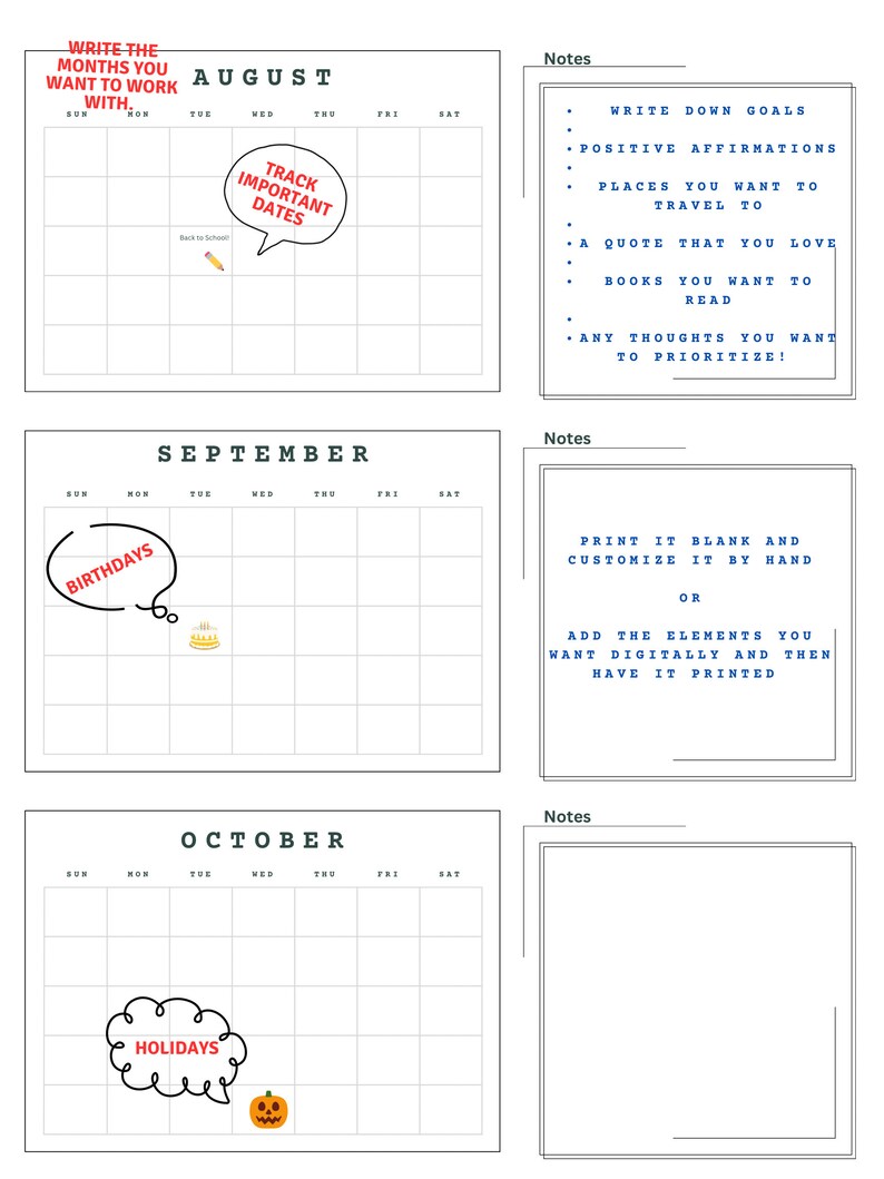 Three Month Custom Calendar Template. Digital File. 3 Designs Included ...