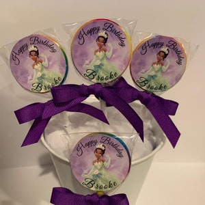 15 Princess Tiana Personalized Birthday Lollipops. Lollipops are ONE AND a HALF inches round or  1 3/4 inches round.