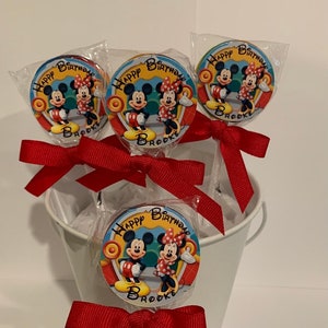 20 Mickey and Minnie Mouse Clubhouse Personalized Birthday Lollipops. Lollipops are ONE AND a HALF inches round.