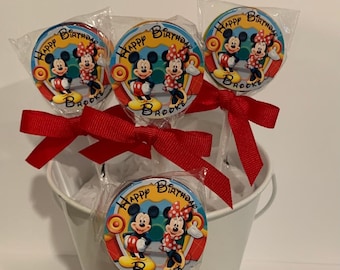 20 Mickey and Minnie Mouse Clubhouse Personalized Birthday Lollipops. Lollipops are ONE AND a HALF inches round.