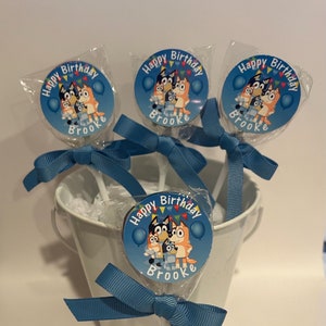 20 Bluey Personalized Birthday Lollipops. Blue or Pink. Lollipops are ONE AND a HALF inches round