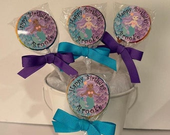 20 Mermaid personalized Birthday Lollipops. Lollipops are ONE AND a HALF inches round.