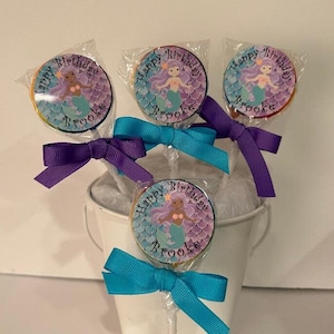 20 Mermaid personalized Birthday Lollipops. Lollipops are ONE AND a HALF inches round.