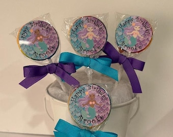 15 Mermaid personalized Birthday Lollipops. Lollipops are ONE AND a HALF inches round or  1 3/4 inches round.