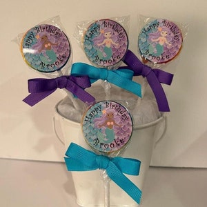 15 Mermaid personalized Birthday Lollipops. Lollipops are ONE AND a HALF inches round or  1 3/4 inches round.