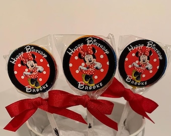 15 Minnie Mouse Personalized Birthday Lollipops. Lollipops are ONE AND a HALF inches round.