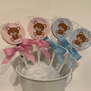 Baby Bear Baby Shower Personalized Lollipops pink or Blue. Lollipops are ONE AND a HALF inches round.