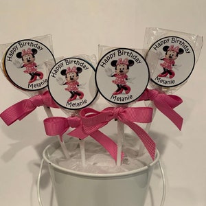 15 Minnie Mouse Pink Dress Personalized Birthday Lollipops. Lollipops are ONE AND a HALF inches round or 1 3/4 inches round.
