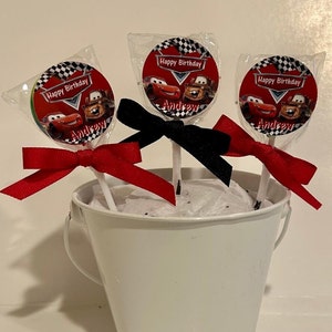 15 Disney Cars Personalized Birthday Lollipops. Lollipops are ONE AND a HALF inches round or 1 3/4 inches round.