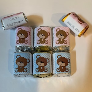 60 Baby Bear Baby Shower Candy Wrappers Favors Pink or Blue
