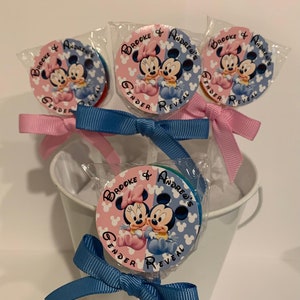 15  Baby Minnie and Mickey Mouse Personalized Gender Reveal Lollipops. Lollipops are ONE AND a HALF inches round.